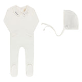 Ely & Co Ivory/Blue Star Embroidered Collar Footie/Bonnet