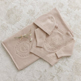 Peluche Taupe Knit Embossed Cardigan and Beanie