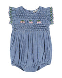 Emile Et Ida Denim Embroidered Smocked Romper