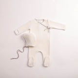 Bee & Dee Chalk White Classic Stitch Velour Footie/Bonnet