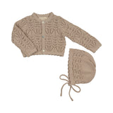 Peluche Taupe Eyelet Cardigan/Bonnet