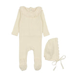 Lilette Cream Knit Ruffle Footie/Bonnet