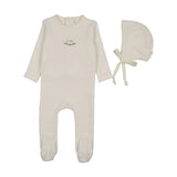 Lilette Cream Blue Velour Patch Footie/Hat