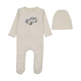 Lilette Cream Blue Stitch Graphic Velour Footie/Hat