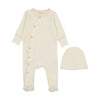 Mema Knit White/Pale Pink Side Snap Contrast Footie and Beanie