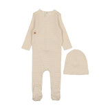 Mema Knit Cream/Taupe Stripe Side Button Footie and Beanie