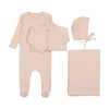 Mema Knit Peach Dust Pointelle Footie and Cardigan Layette Set
