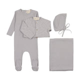 Mema Knit Soft Blue Pointelle Footie and Cardigan Layette Set