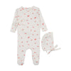 Mema Knit Pink Floral Pointelle Side Snap Footie and Bonnet