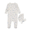 Mema Knit Blue Floral Pointelle Side Snap Footie and Bonnet