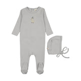 Mema Knit Gray Dawn/ Yellow Duck Embroider Footie and Bonnet