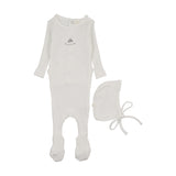 Mema Knit White/Mink Embroidered Textured Footie and Bonnet