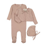 Mema Knit Pale Pink Pointelle Footie/Cardigan/Bonnet Set