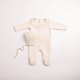 Bee & Dee Linen Pleated Knit Collar Velour Footie/Bonnet