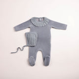 Bee & Dee Ocean Blue Pleated Knit Collar Velour Footie/Bonnet