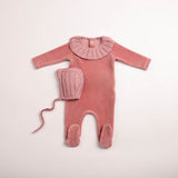 Bee & Dee Tea Rose Pleated Knit Collar Footie/Bonnet