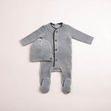 Bee & Dee Smokey Blue Print Trim Velour Footie/Beanie