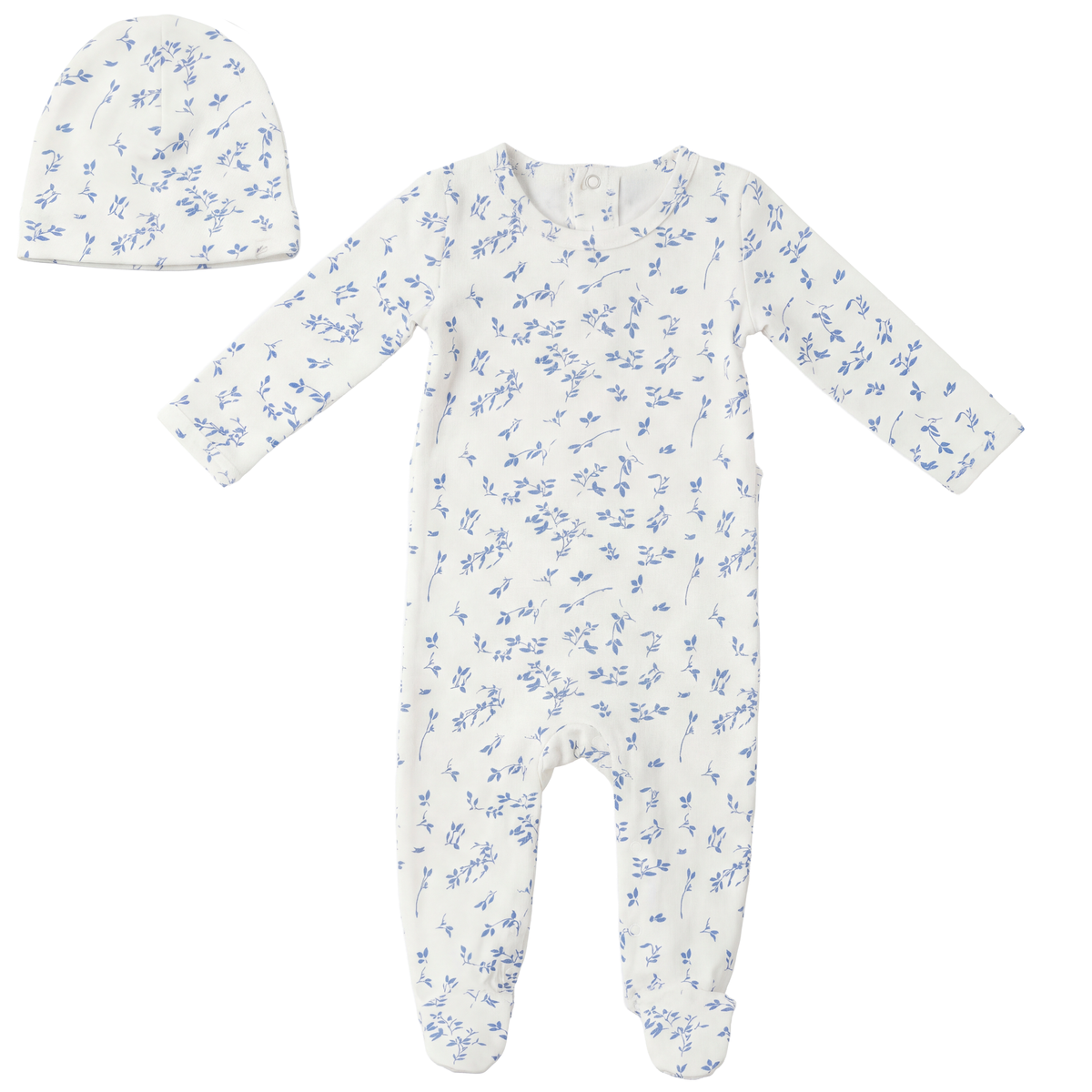Fragile Powder/Navy Leaves Footie and Hat – Little Loungers