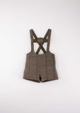Popelin Brown Herringbone Wool Short Overalls with Embroider Applique