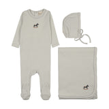 Mema Knit Ice Blue Pointelle Embroidered Horse Layette Set