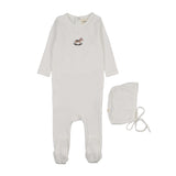Mema Knit Winter White Pointelle Embroider Footie/Bonnet