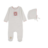 Mon Tresor Ivory/Red Vintage Stamp Footie/Bonnet