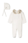 Lola Off White Velour Crochet Collar Footie and Bonnet