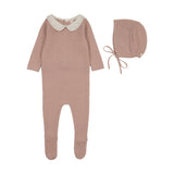 Lilette Dusty Pink Embroider Collar Footie and Bonnet