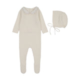 Lilette Cream/Pink Embroider Collar Footie and Bonnet
