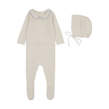 Lilette Cream/Blue Embroider Collar Footie and Bonnet