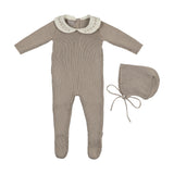 Carmina Oat Knit Footie/Bonnet with Embroider Collar