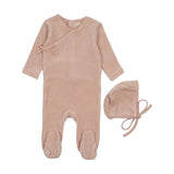 Mema Knits Pale Pink Velour Mock Wrap Footie/Bonnet