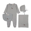 Mema Knits Windy Blue/Slate Embroider Duck Layette Set with Bib