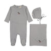 Mema Knits Windy Blue/Slate Embroider Duck Layette Set with Bib