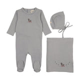 Mema Knits Windy Blue/Slate Embroider Duck Layette Set with Bib