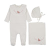 Mema Knits Winter White/Pale Pink Embroider Duck Layette Set with Bib