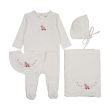 Mema Knits Winter White/Pale Pink Embroider Duck Layette Set with Bib