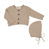 Mema Knits Beige Melange Cropped Knit Cardigan and Bonnet