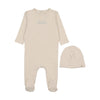 Mema Knits Ivory/Blue French Terry Embroidered Footie and Beanie