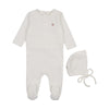 Mema Knits Winter White/ Rose Heart Rib Velour Embroidered Footie and Bonnet