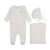 Mema Knits Winter White/ Rose Heart Rib Velour Embroidered Layette Set