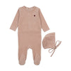 Mema Knits Pink/Rose Brown Heart Rib Velour Embroidered Footie and Bonnet