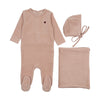Mema Knits Pink/Rose Brown Heart Rib Velour Embroidered Layette Set