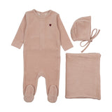 Mema Knits Pink/Rose Brown Heart Rib Velour Embroidered Layette Set