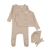 Mema Knits Oatmeal Pointelle Footie/Cardigan/Bonnet Set
