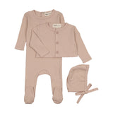 Mema Knits Deep Pink Pointelle Footie/Cardigan/Bonnet Set