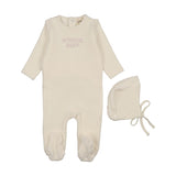 Mema Knit Ivory/Pink Bonjour Velour Stitch Footie/Bonnet