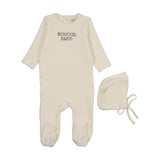 Mema Knit Ivory/Otter Bonjour Velour Stitch Footie/Bonnet
