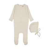 Mema Knit Ivory Honey Waffle Trim Footie/Bonnet