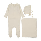 Mema Knit Ivory Honey Waffle Trim Layette Set